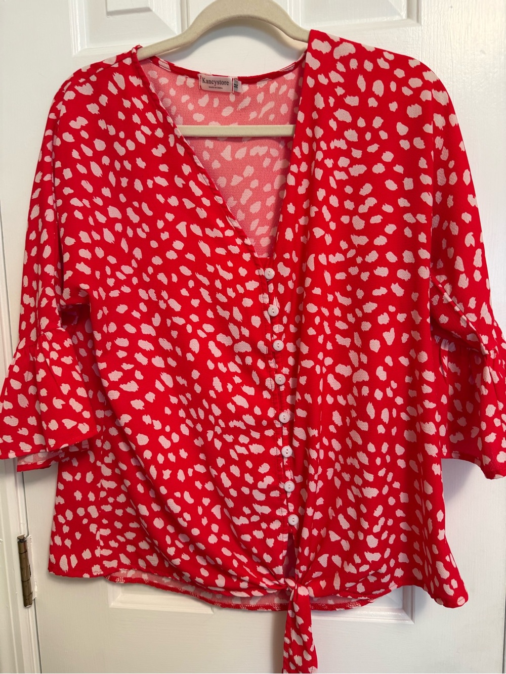 Red and White Blouse with Tie